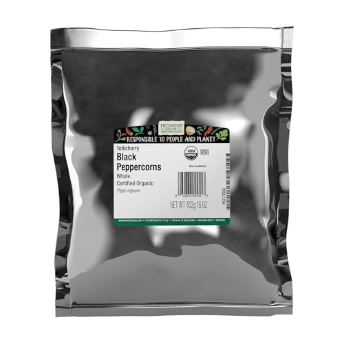 Frontier Co-op Black Peppercorns Whole, 1lb Bulk Bag - Tellicherry Black Pepper - Organic Peppercorns for Grinder Refill, Cooking, Pickling, and More | 16 Ounce (Pack of 1)