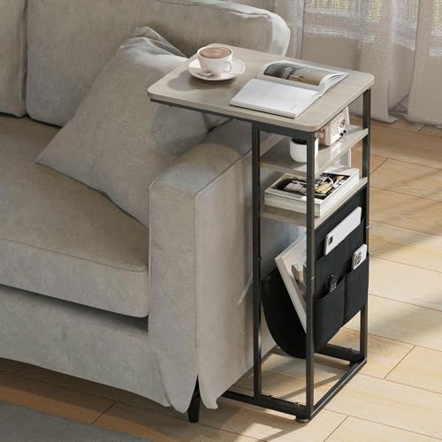 C Shaped End Table, 3-Tier C Table with Storage Bag,Small Side Table for Couch,Slide Under Sofa Table with Storage Shelves and Bag for Living Room, Bedroom, or Office (Oak)