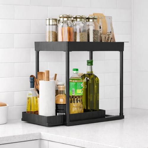Image of YouCopia Multi Trolly Multipurpose Portable Storage Floor Standing Or Tabletop Rack|Trolley with Wheels for Kitchen Storage, Tiered Shelf Kitchen Trolley Modern Kitchen Storage Rack (2-Layer-Black)