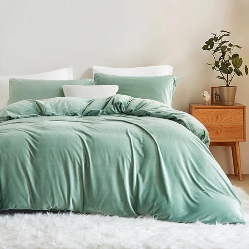 Lanqinglv Warm Duvet Cover Set King Size Green Velvet Flannel Cozy Thick Bedding Set,1 Fleece Winter Quilt Cover with Zipper Closure and 2 Pillowcases