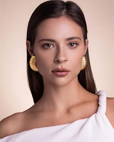Large 18K gold plated Chunky Clip on Statement Earrings for Women, Bold Handmade Exaggerated Trendy Seashell Ribbed Jewelry Gifts, Curved Half Circle Textured Summer Beach Fashion Earrings Accessories, Big Vintage Irregular Hammered Thick Circular Nickle Free Cuff Huggie Earrings.2