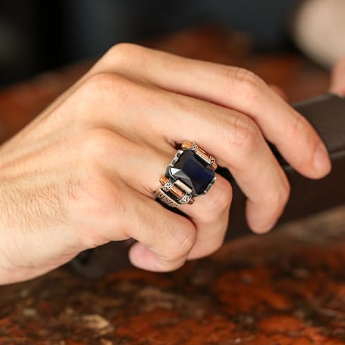 Babylon Silver BS-20190 Genuine Solid 925 Sterling Silver Ring For Men, Accented With Bronze, Faceted Simulated Blue Sapphire Stone thumb #1