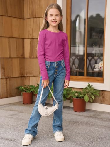 Image of Haloumoning Girls Long Sleeve Shirts Crewneck Ruched Side Slim Fit Tops Ribbed Knit Casual Tee Shirt 4-15 Years