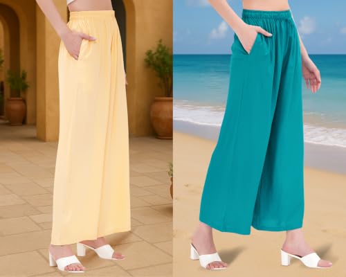 Image of Buy That Trendz Palazzo Pants for Women Cotton Rayon Elasticated Regular Fit Flared Wide Leg M to 6XL Pack of 2
