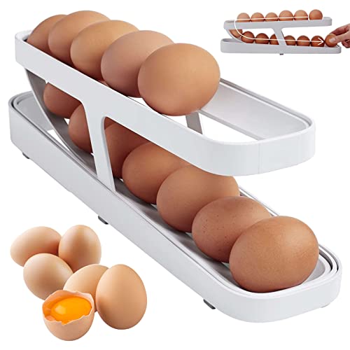 Ägghållare för kylskåp, 2 lager pingvin-äggbehållare, automatisk rullande äggförvaring äggdispenser, äggförvaringslåda sparar utrymme rymmer 14 ägg