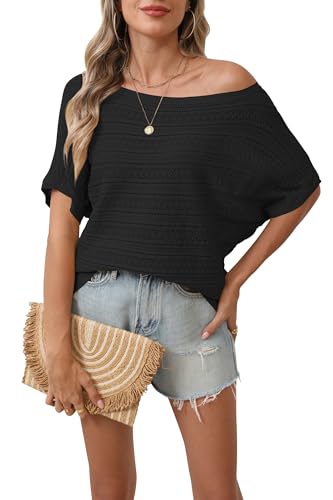 Image of Cakulo Summer Off The Shoulder Tops for Women Crochet Short Sleeve Batwing Knit Spring Oversized Sweater Top