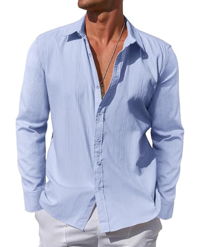 Misfuso Chemise Homme Manches Longues Coton Casual Couleur Uni Bleu M