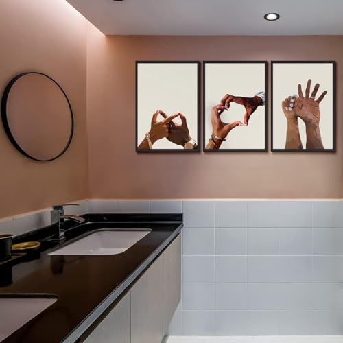 3Pcs Black Couple Wall Art Holding Hands Heart Love Wall Decor Afro Women Men Canvas Poster Prints for Living Room Bedroom Bathroom Decoration Unframed (12x16in)