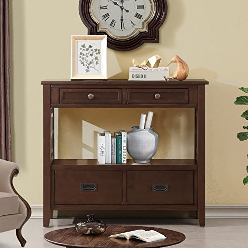 L&ldquo;KeKe 36 Inch Country Farmhouse Console Table with 4 Drawers and 1 Storage Shelf Pine Wood...