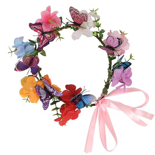 Gmmidea Butterfly Flower Crown for Women Girls Fairy Flower Headband Crown Adjustable Wedding Festival Floral Hair Wreath Rainbow
