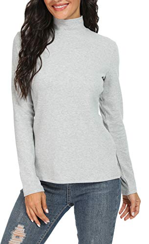 Udobana Women's Long Sleeve Mock Turtleneck Cotton Tee T-Shirt Light Gray Large