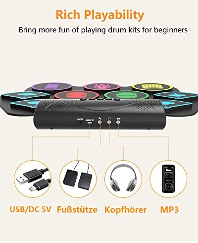 Bild 4 - Schlagzeug Elektronisch, 9 Pads Faltbares Elektronisches Schlagzeug mit Drumsticks, Tragrbares Elektrische Drum Set mit Bluetooth für Kinder, Anfänger Geburtstag und Geschenk