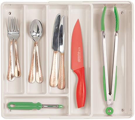 mDesign Adjustable Cutlery Tray  Expandable Kitchen Organiser Tray for Drawers and Surfaces  Drawer Organiser with Multiple Compartments  Cream