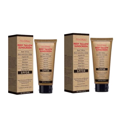 2PCS Organic Grass-Fed Beef Tallow Sunscreen SPF50 Long-lasting Sun Protection Face & Body Sunscreen Waterproof and Sweat-proof