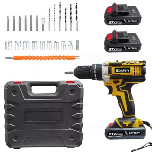 Cordless Drill, 21V Electric Hammer Drill Screwdriver Kit with 25+1 Torque, 2 Speed with 2 Batteries 2.0Ah, Combi Drill for Home and Garden DIY Project (Yellow)