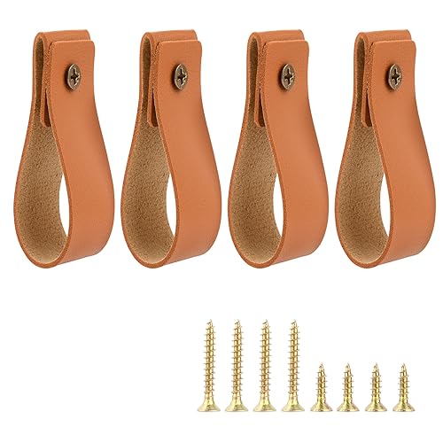 Cosmos 4 Pcs Leather Wall Hooks Wall Mounted Rod Hanger Hanging Strap Leather Curtain Rod Holder Drawer Pulls Hook Strap with Screws for Towel Curtain Kitchen Utensils Rod (Brown)