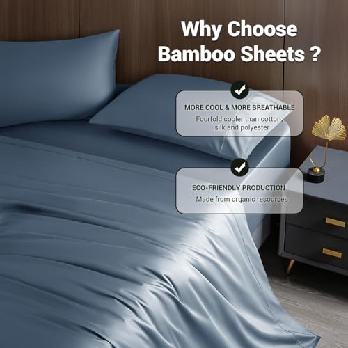 Image of Shilucheng 4 Piece Full Sheet Sets, Cooling Sheets, Blend Rayon Derived from Bamboo, Deep Pocket Up to 16 inch, Breathable & Soft Bed Sheets, Hotel Silky Bedding Set, French Blue
