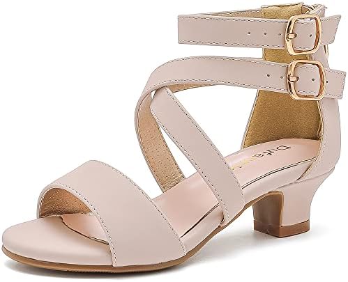 Dufannie Nude Sandals Heels for Girls Flower Girl Shoe Wedding Mary Jane School Prom Graduation Ceremony Low Heel Pump Sandals for Toddler Littler Big Kids (3405NubuckNude 1)