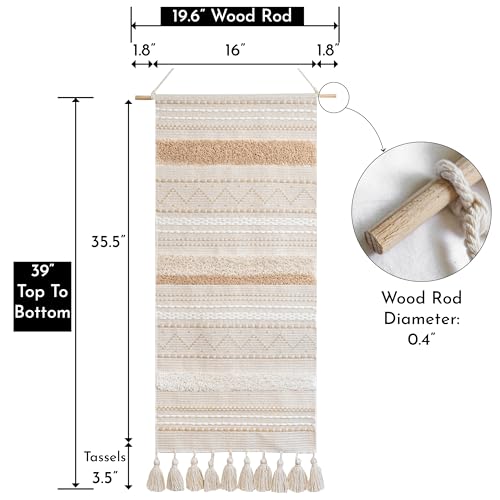 BlissBlush Long Vertical Wall Hanging Tapestry Woven Boho Farmhouse Decor Cream Beige Tassel Handmade Wall Art Decoration for Bedroom Living Room Dorm Nursery Apartment, 16x39 INCH