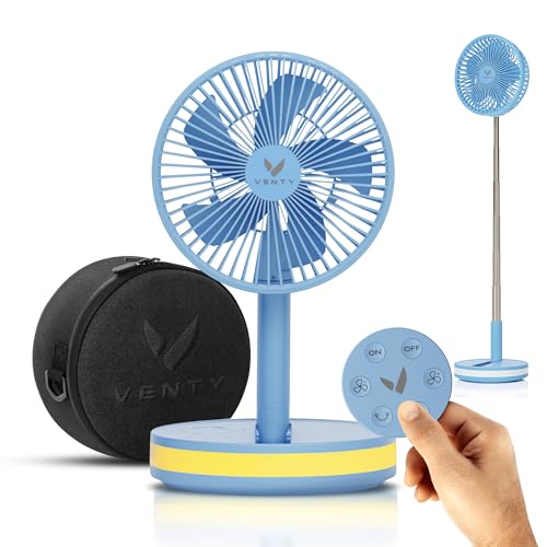VENTY Portable Fan - Wireless Battery Operated Fans, 48HR Run Time 16000MAH Oscillating Rechargeable Fanss, Remote Control & LED Lighting, Folding Telescopic Camping Fan (Blue with Case)