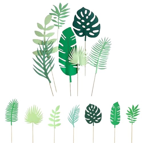 Jungle Cake Toppers, 14 PCS Animal Cake Topper Set for Safari Birthday Party Decorations, Cake Toppers Tropical Leaves Cake Tropical Party Jungle Cupcake Decoration for Decoration Supplies