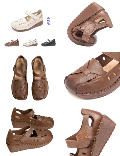 Women's Woven Mary Jane Wedge Sandals,Comfortable Closed Toe Cutout Leather Soft Sole Ankle Strap Oxford Dress Pumps2