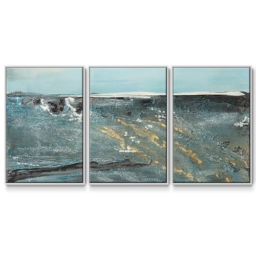 Renditions Gallery Abstract Wall Art Flow of Love in Ocean Painting Modern Seascape Artwork Décor Canvas Prints Wall Decorations for Bathroom and Kitchen-White Floater Frame-24”x36”x3 Panels, LS015