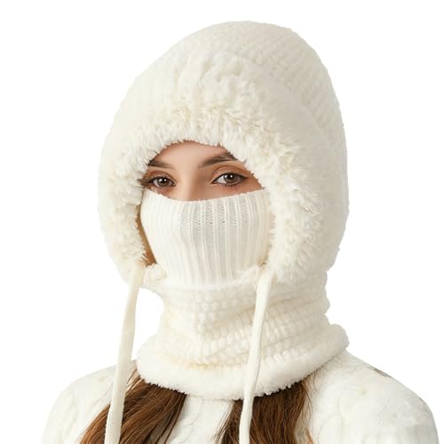 Bawiaueu Bonnet 3 en 1 Femme Hiver avec Écharpe Et Protège-Visage - Cache-Cou Anti-Vent Et Couvre-Visage, Chaud, pour Les Voyages, Le Ski