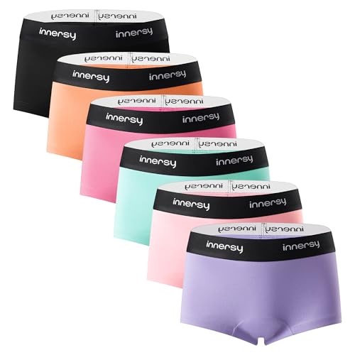 INNERSY Girls Boyshorts Underwear Teens Aged 8-16 Cotton No Wedgies Panties 6-Pack(L(12-14 yrs) Bubble Gum)