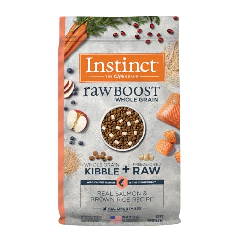 Instinct Raw Boost | Natürliches Trockenfutter für Hunde mit gefriergetrockneten Stücken | High Protein | Vollkornrezept - Echter Lachs & brauner Reis | 8,6 kg | Beutel
