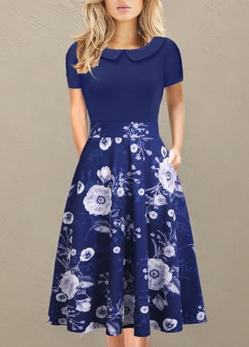 Image of Women's Elegant Vintage Dresses Knee Length Casual Floral Print Work Party Peter Pan Collar A-Line Dress with Pockets 978