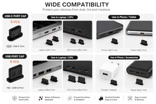 Image of Vishw Enterprise USB Dust Protection Caps Set 15 Pack, USB-C & USB-A Port Covers, Black