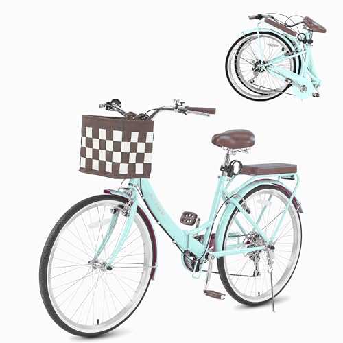 26 Inch Foldable Beach Cruiser Bike Womens Bicycle with Basket,