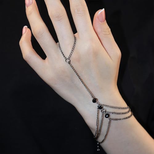 GIGB PBDK Gothic Black link Finger Bracelet, Fake Obsidian Crystal Chain Simple Daily Tassel Bracelet, Dark Halloween Festival Bow Jewelry Gifts4