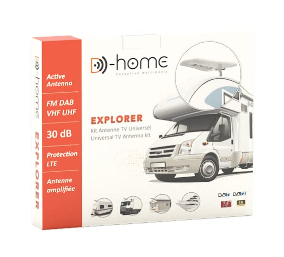 D-Home - Explorer - Antena de TV para Caravana, con amplificador de 20 dB. Antena de TV Caravana y vehículos de ocio. Instalación sencilla/llave en mano - Alimentación de 12 o 24 V CC o CA 230...