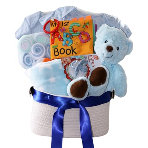 Baby Gift Basket with Cuddly Plush, 2 x Soft Blankets, 2 x One-Pieces Wash Cloths, and a Storybook, Gift Basket for Newborn Boys (Blue Bear)