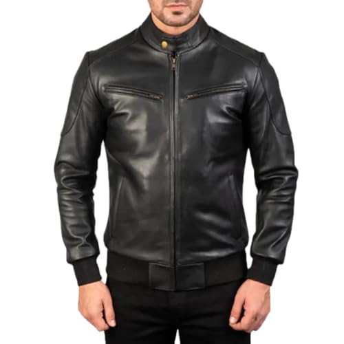 Classic Black Leather Bomber Jacket, Zip Front, Stand Collar, Ribbed Trim, Casual Style, Motorcycle Streetwear4