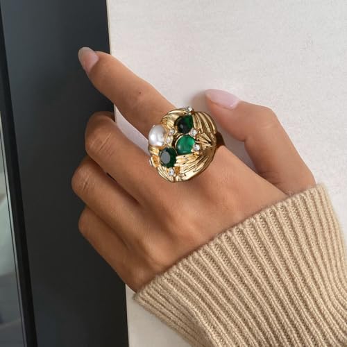 Cubic Zirconia Pearl Flower Statement Rings for Women Gold Plated Crystal Shell Pearls Texture Open Band Wrap Finger Ring Adjustable Comfort Fit Birthstone Engagement Wedding Jewerly for Christmas3