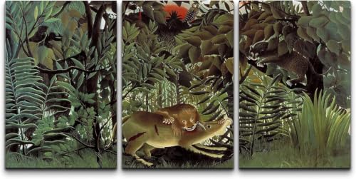 Henri Rousseau Un lion mord un buffle toile 50x70cm x3