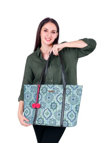 Image of NEPRI Oversized Office Tote Bag | Stylish Tote Bags | Purse for Women | Vegan Leather & Hanblock Printed Fabric Handbag with Double Handle Shoulder Strap| Daily & Travel Use