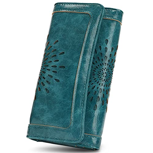 Image of APHISON Womens Wallets RFID Blocking Leather Clutch Long Wallet for Women Card Holder Phone Organizer Ladies Travel Purse Hollow Out Sunflower Design Gift, A4-peacock