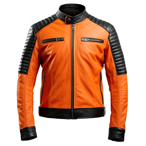 Buy & Catch Online Store Men Cafe Racer Orange Motorcycle Jacket Quilted Leather Biker Zipper Rider Moto Jacket, Small
