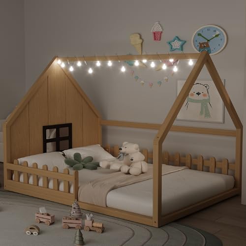Image of Merax Full Size Montessori Floor Bed with LED Light, Wood House Bed Frame with High Fence & Window, Kids Playhouse Beds for Boys Girls Bedroom, No Box Spring Needed, Easy to Assemble, Brown