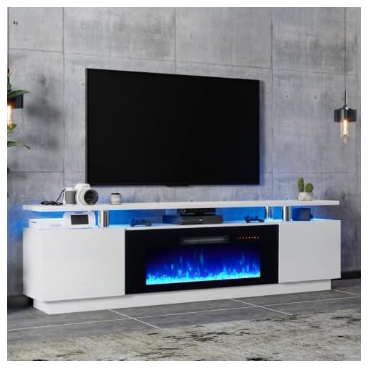 LUXOAK Modern Fireplace TV Stand with 36" Electric Fireplace, High Gloss Finish Media Console with Open Storage, LED Lights Entertainment Center for TVs Up to 80", White