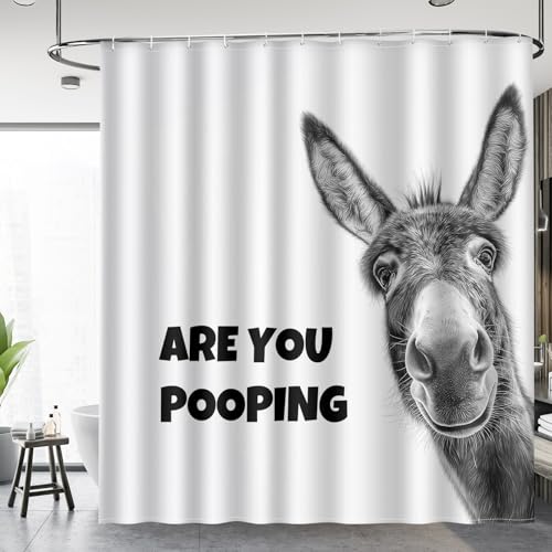 Image of Aimego Funny Donkey are You Pooping Shower Curtain Novelty Hilarious Whimsical Rustic Farmhouse Black and White Bathroom Bath Decor Bathtub Curtain Fabric Shower Curtain Set with 12 Hooks, 72 inchx72 inch