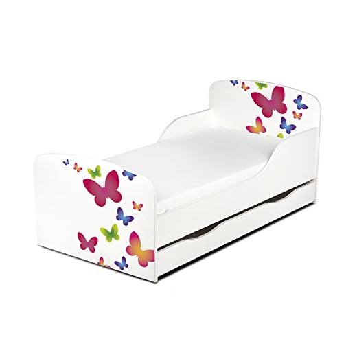 Cama Infantil de Madera 140/70 Cama Para Niños Marco de Cama Colchón y Cajón Cómodo Alta Validad Vuarto de Niños Muebles Para Niños Dormitorio Impresa Mariposas