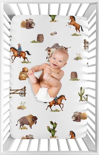 Image of Sweet Jojo Designs Baby Fitted Mini Crib Sheet (Western Cowboy) for Boys, Newborn /Infant Nursery, Play Yards, Portable Cribs (Country, Wild West, Southern Charm, South, Horse, Steer, Cow, Farm Animal)