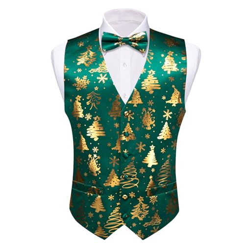 Barry.Wang Mens Christmas Vest Red Green Xmas Tree Snowman Snowflake Festival Suit Waistcoat Bow Tie Set Holiday