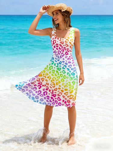 Image of uideazone Women Funny Print Sleeveless U Neck A Line Casual Midi Dress | Soft Stretchy Breathable Fabric Flared Swing Sundress Fitted Waist for Daily Wear 80 /90s Themed Party Beach Vacation Trips