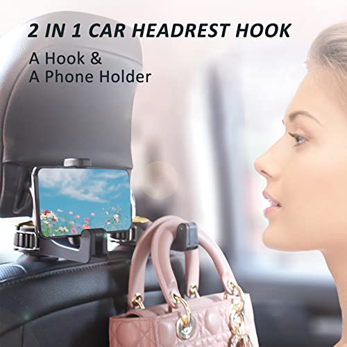 Image of Car Headrest Hidden Hook with Phone Holder, Universal 360 Rotation, Gold, 2 Pack